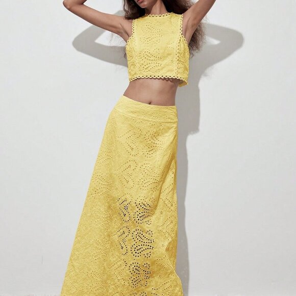 Yellow Boho Women's Floral Hollow Out Full Embroidery  Crop Top - Picture 8 of 10